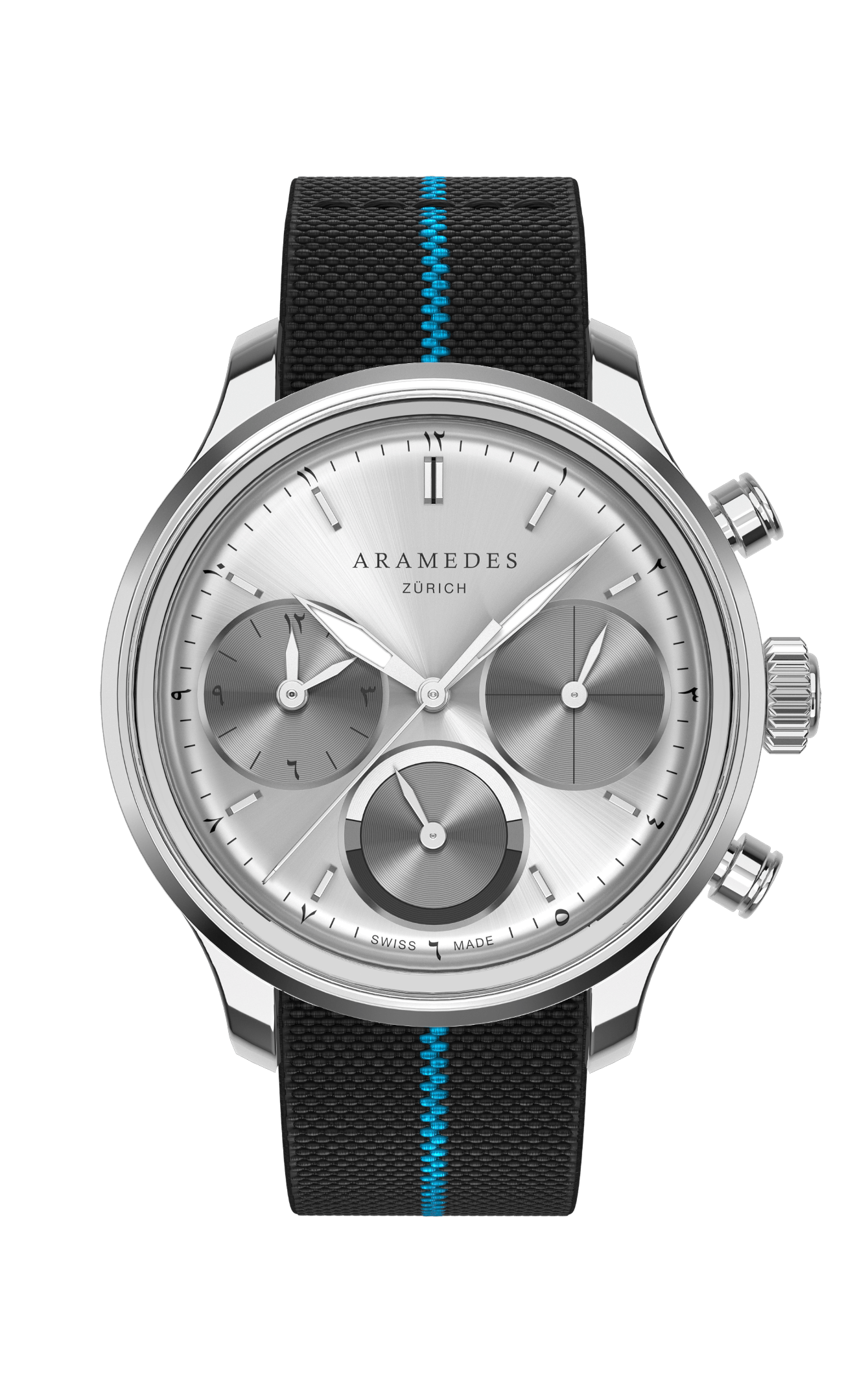 A product photo of the watch, Mastertimer Sawm, from Aramedes.