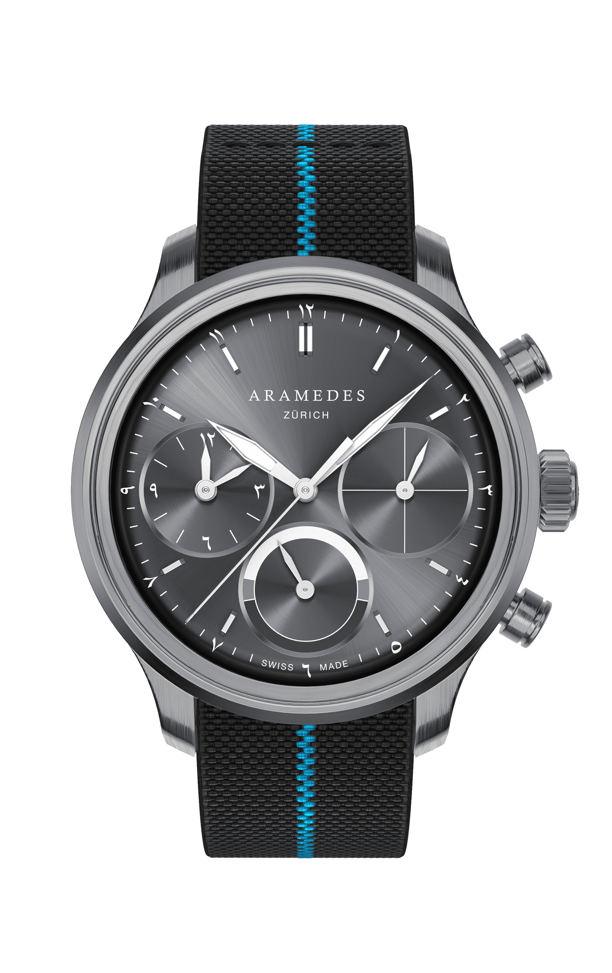 A product photo of the watch, Mastertimer Sawm, from Aramedes.