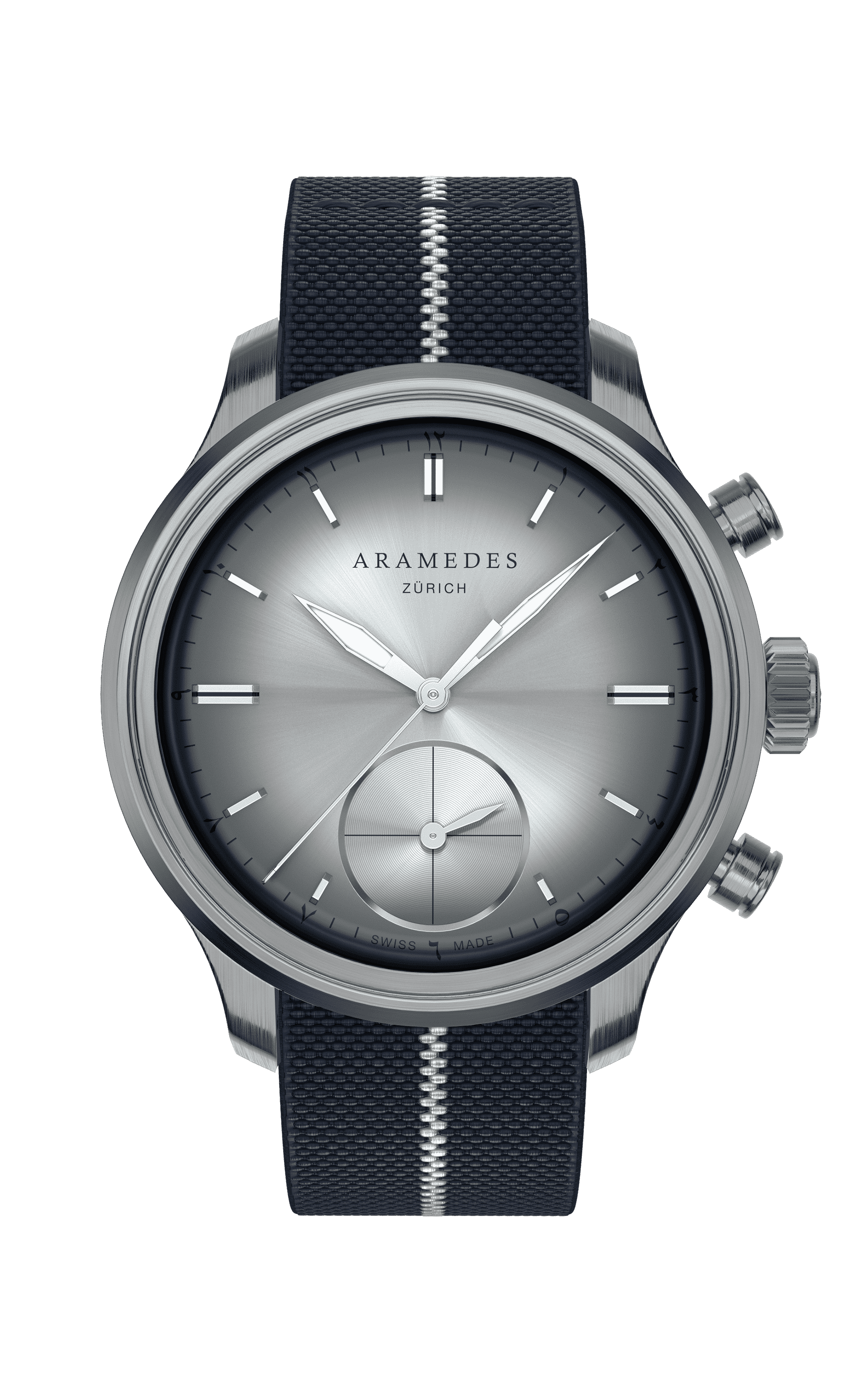 A product photo of the watch, Mastertimer Qibla, from Aramedes.